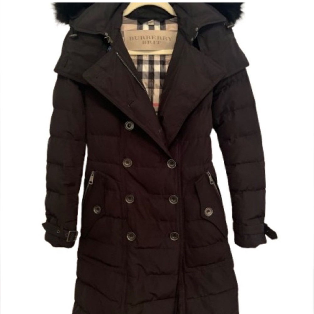 Burberry Brit Black Double-Breasted Down Puffer Coat/Fur Hood - Picture 3 of 14